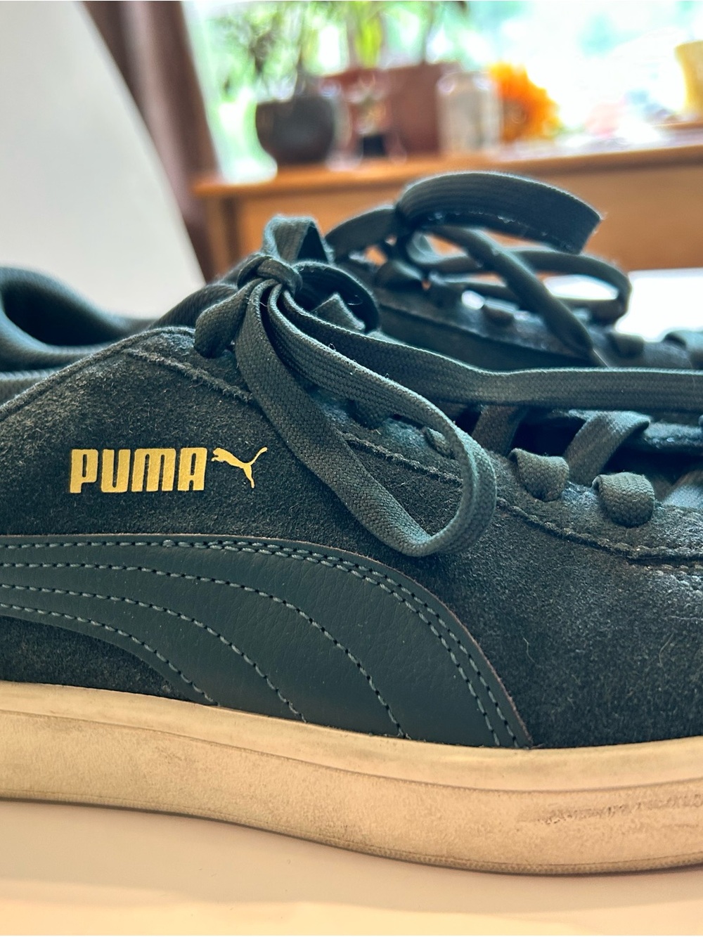 Puma Men's Suede Sneakers in Dark Green with Gold Logo